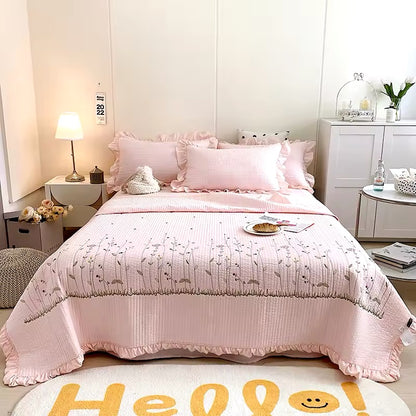 3 pc Korean Princess Ruffles Flowers Embroidery Summer Quilt Bedspread on the bed Quilt Air-conditioning Blanket Bedding Set