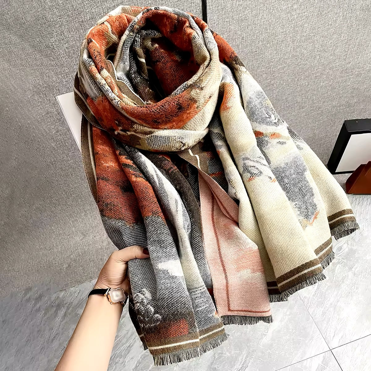 New Luxury Women Floral Double Sided Cashmere Touch Scarf - Warm Fringe Pashmina Shawl Bufanda UK