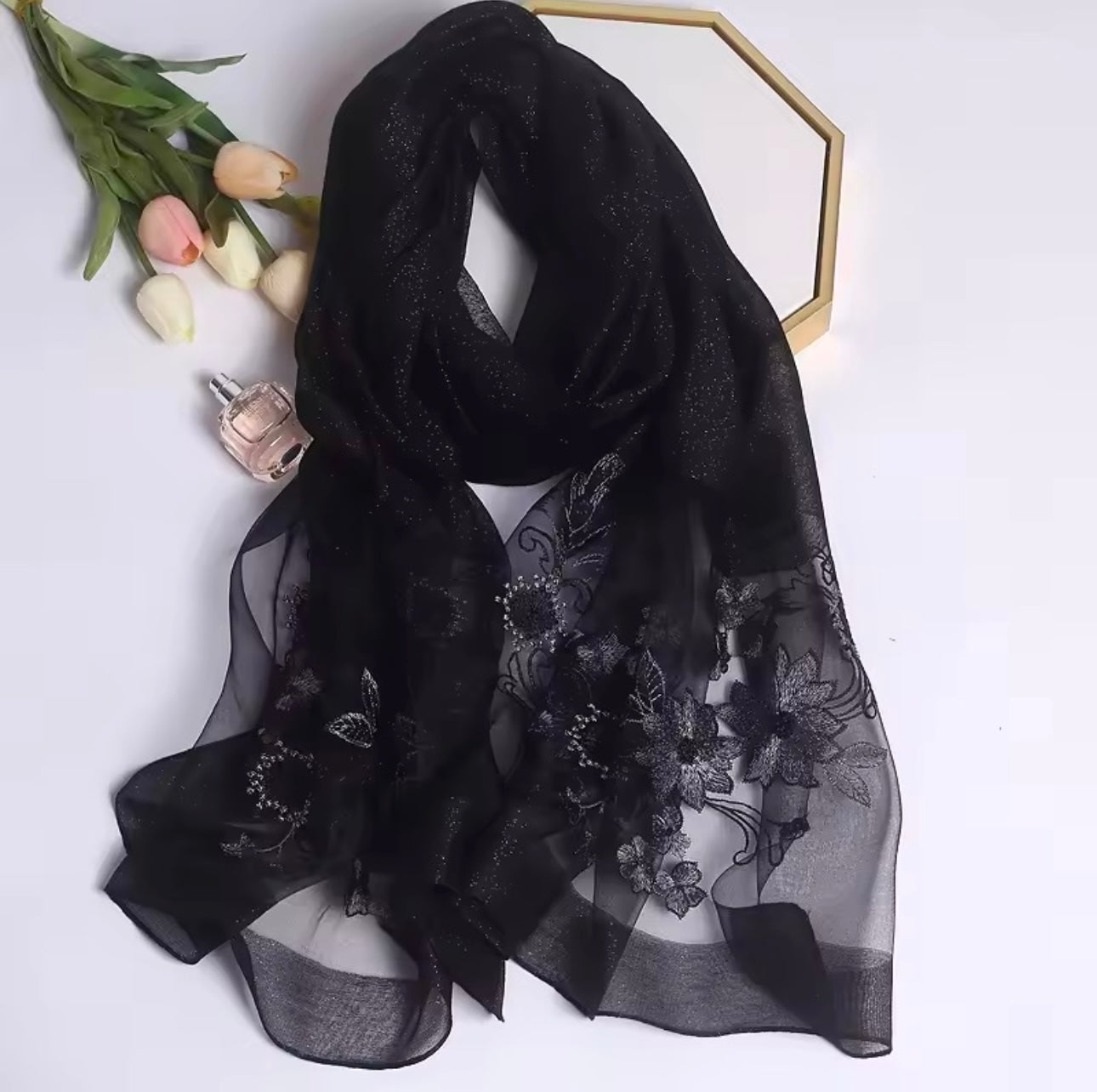 New Women Silk Satin Scarf Luxury Hijab Women Soft Embroidered Scarves Echarpe Shawl Large Wrap UK