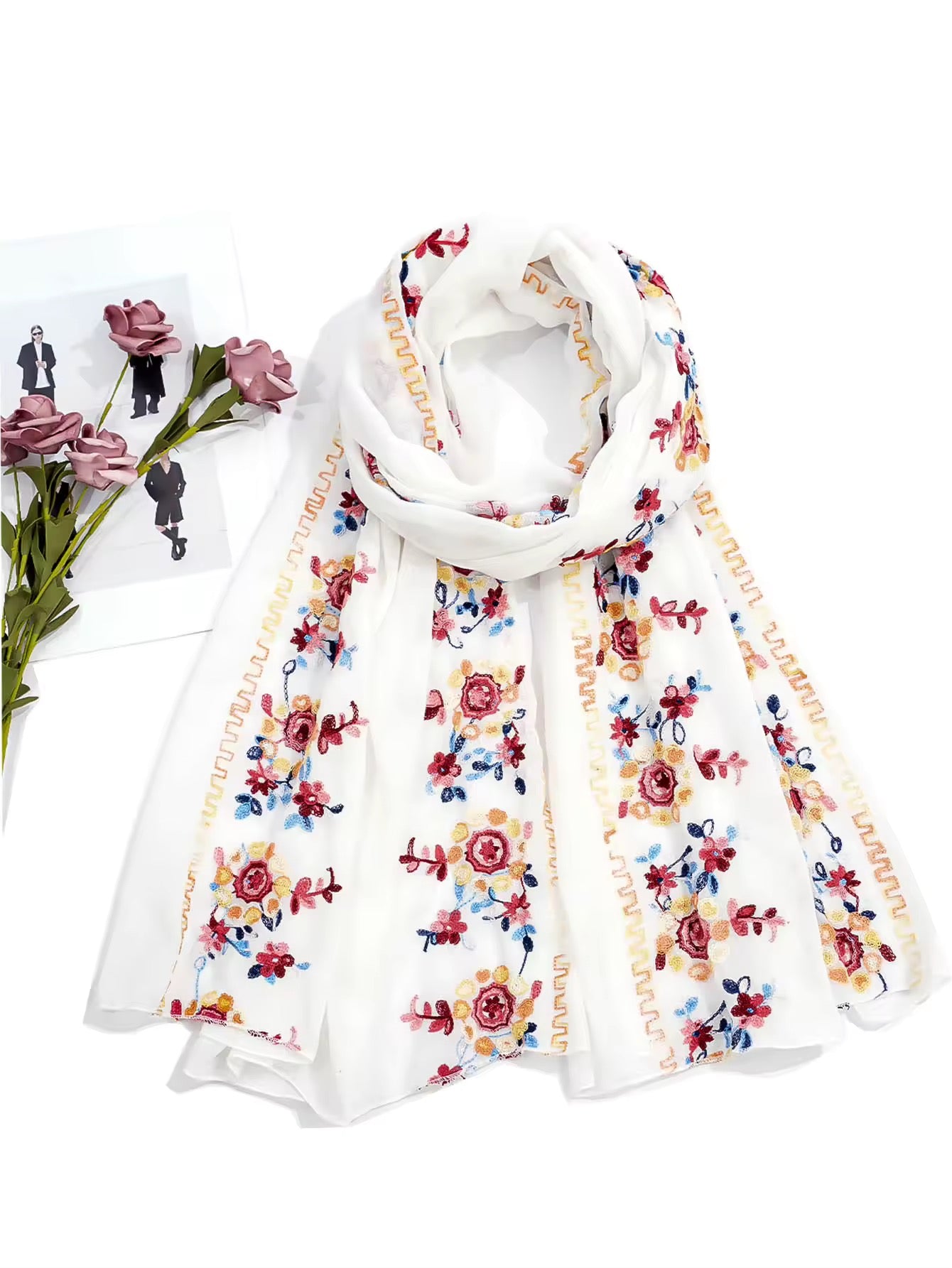 New Women Embroidered Scarf Elegant and Versatile for Women Embroidered Flower Long Summer Sunscreen Scarves Echarpe Shawl Large Wrap UK