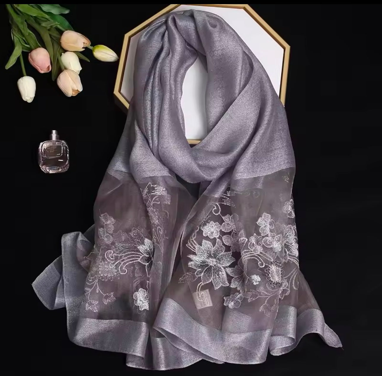 New Women Silk Satin Scarf Luxury Hijab Women Soft Embroidered Scarves Echarpe Shawl Large Wrap UK