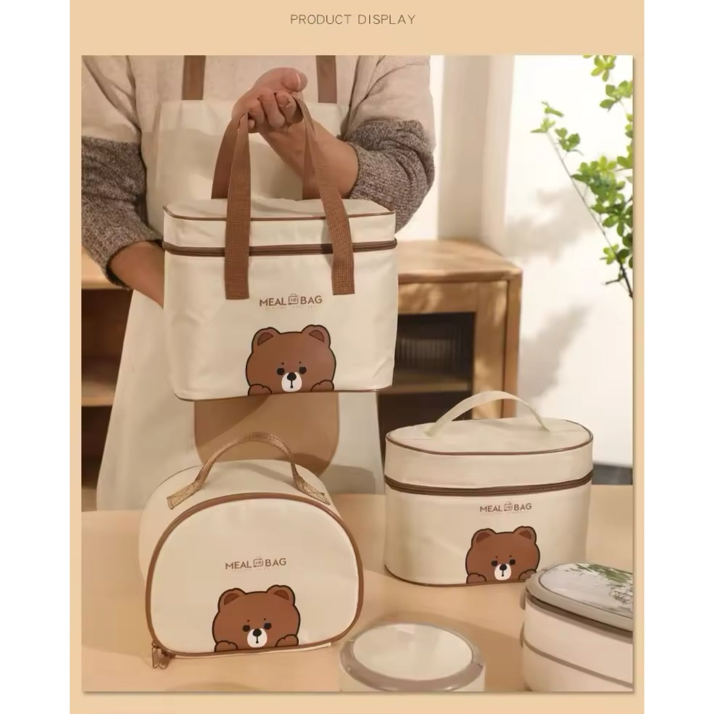 Lunch Bags Leather Bear Kids Large Capacity Bento Pouch for Children Thermal Insulated Cooler With Tableware Cup Tote Picnic Box Kids Accessories