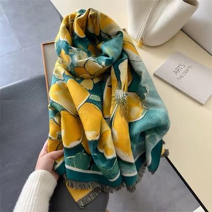 New Luxury Women Floral Double Sided Cashmere Touch Scarf - Warm Fringe Pashmina Shawl Bufanda UK