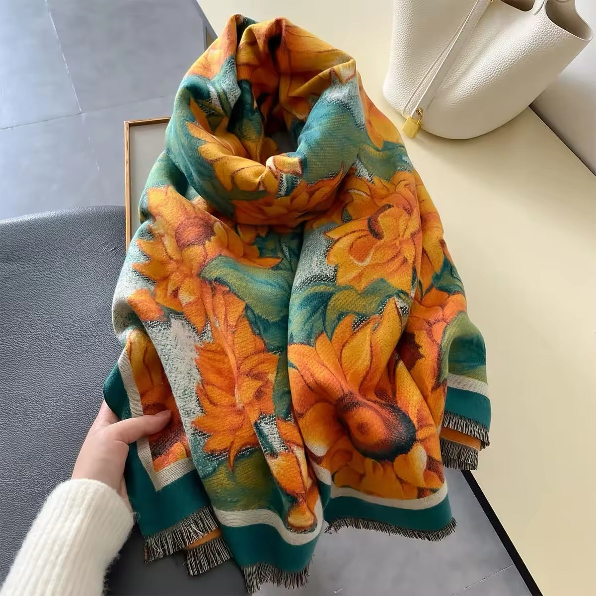 New Luxury Women Floral Double Sided Cashmere Touch Scarf - Warm Fringe Pashmina Shawl Bufanda UK