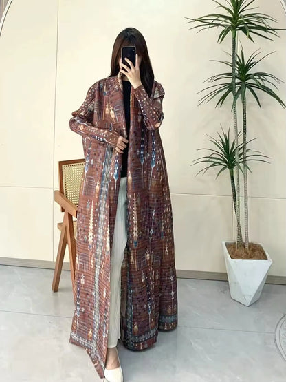 New Women Abaya Vintage Printed Design Lapel Long Sleeved Cardigan Loose Big Collar Tied Arabian Luxury Burqa  UK