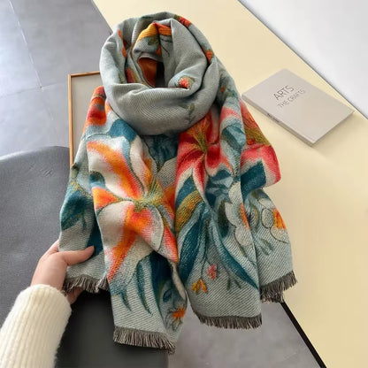 New Luxury Women Floral Double Sided Cashmere Touch Scarf - Warm Fringe Pashmina Shawl Bufanda UK