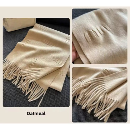 Fashion Design Blend Wool Scarf Women Embossed Simple Warm Muffler Female New Type Imitation Cashmere Thick Fringed Shawl Ladies Women Woollen