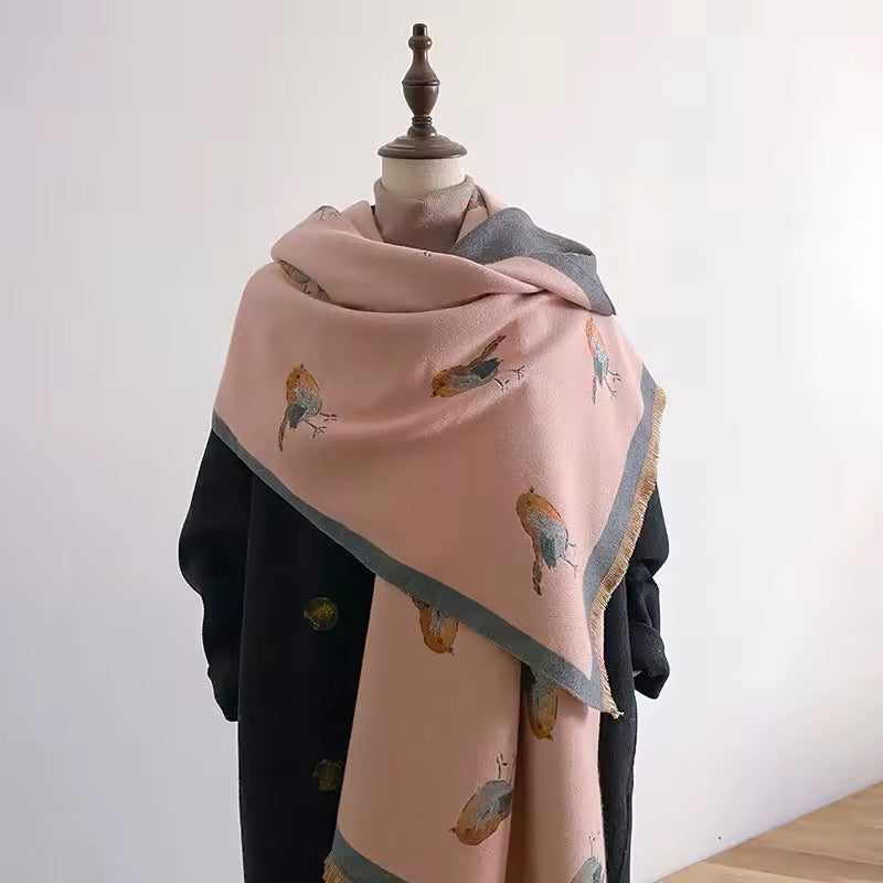 New Scarf Bird Print Scarf Thickened Animal Print Warm Cashmere Double Sided Scarves Luxury Pashmina Viscose Wool Fashion Shawl Women Allure UK