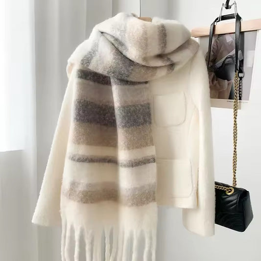 Women's Scarf Winter High-End Autumn Winter New Fashion Versatile Mohair Scarf Thickened Striped Meridian Shawl Women Woollen