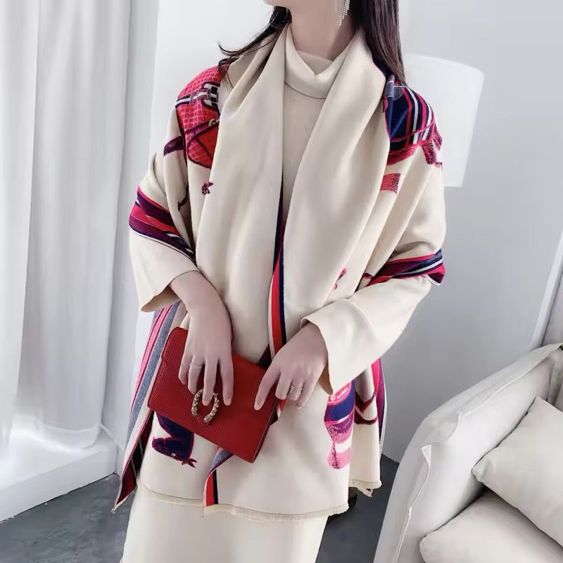 New Luxury Women Limited Edition Horse Design Cashmere Touch Scarf - Warm Fringe Pashmina Shawl Bufanda UK