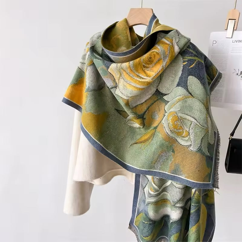 New Luxury Women Floral Double Sided Cashmere Touch Scarf - Warm Fringe Pashmina Shawl Bufanda UK