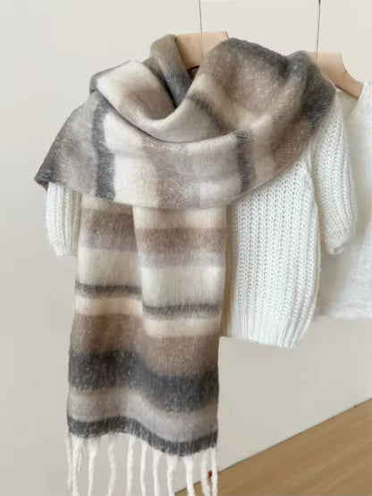 Women's Scarf Winter High-End Autumn Winter New Fashion Versatile Mohair Scarf Thickened Striped Meridian Shawl Women Woollen