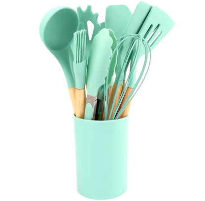 12Pcs Silicone Kitchen Utensils Spatula Shovel Soup Spoon Cooking Tool with Storage Bucket Non-Stick Wood Handle Kitchen Home Gadgets