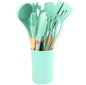 12Pcs Silicone Kitchen Utensils Spatula Shovel Soup Spoon Cooking Tool with Storage Bucket Non-Stick Wood Handle Kitchen Home Gadgets