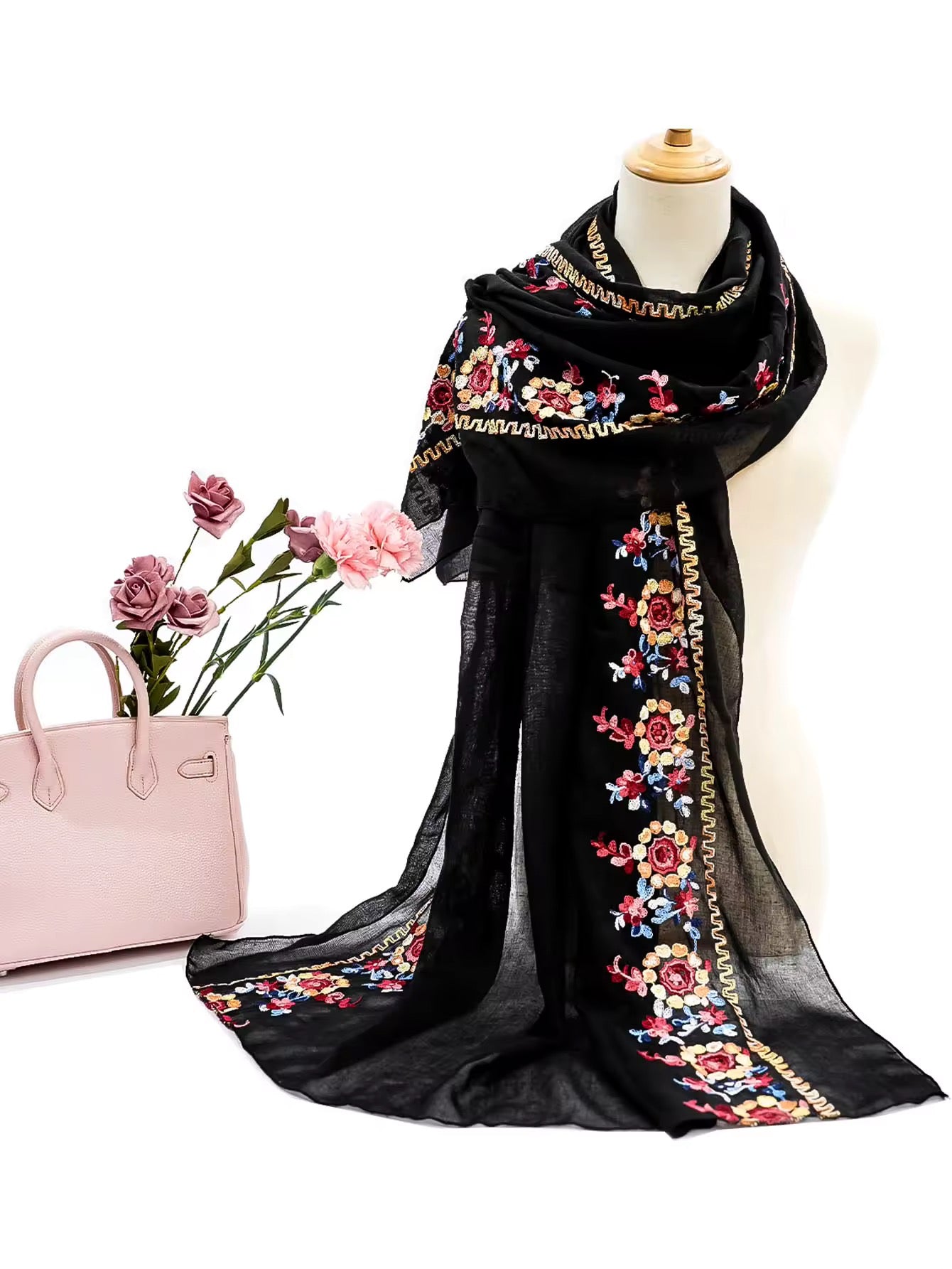 New Women Embroidered Scarf Elegant and Versatile for Women Embroidered Flower Long Summer Sunscreen Scarves Echarpe Shawl Large Wrap UK