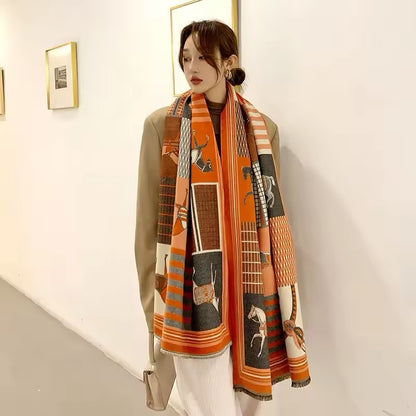 New Luxury Women Limited Edition Horse Design Cashmere Touch Scarf - Warm Fringe Pashmina Shawl Bufanda UK