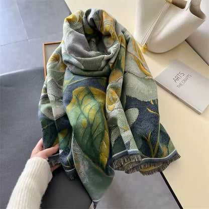 New Luxury Women Floral Double Sided Cashmere Touch Scarf - Warm Fringe Pashmina Shawl Bufanda UK