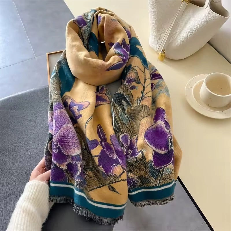 New Luxury Women Floral Double Sided Cashmere Touch Scarf - Warm Fringe Pashmina Shawl Bufanda UK