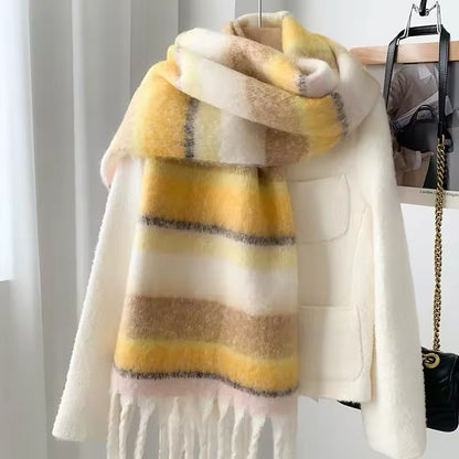 Women's Scarf Winter High-End Autumn Winter New Fashion Versatile Mohair Scarf Thickened Striped Meridian Shawl Women Woollen