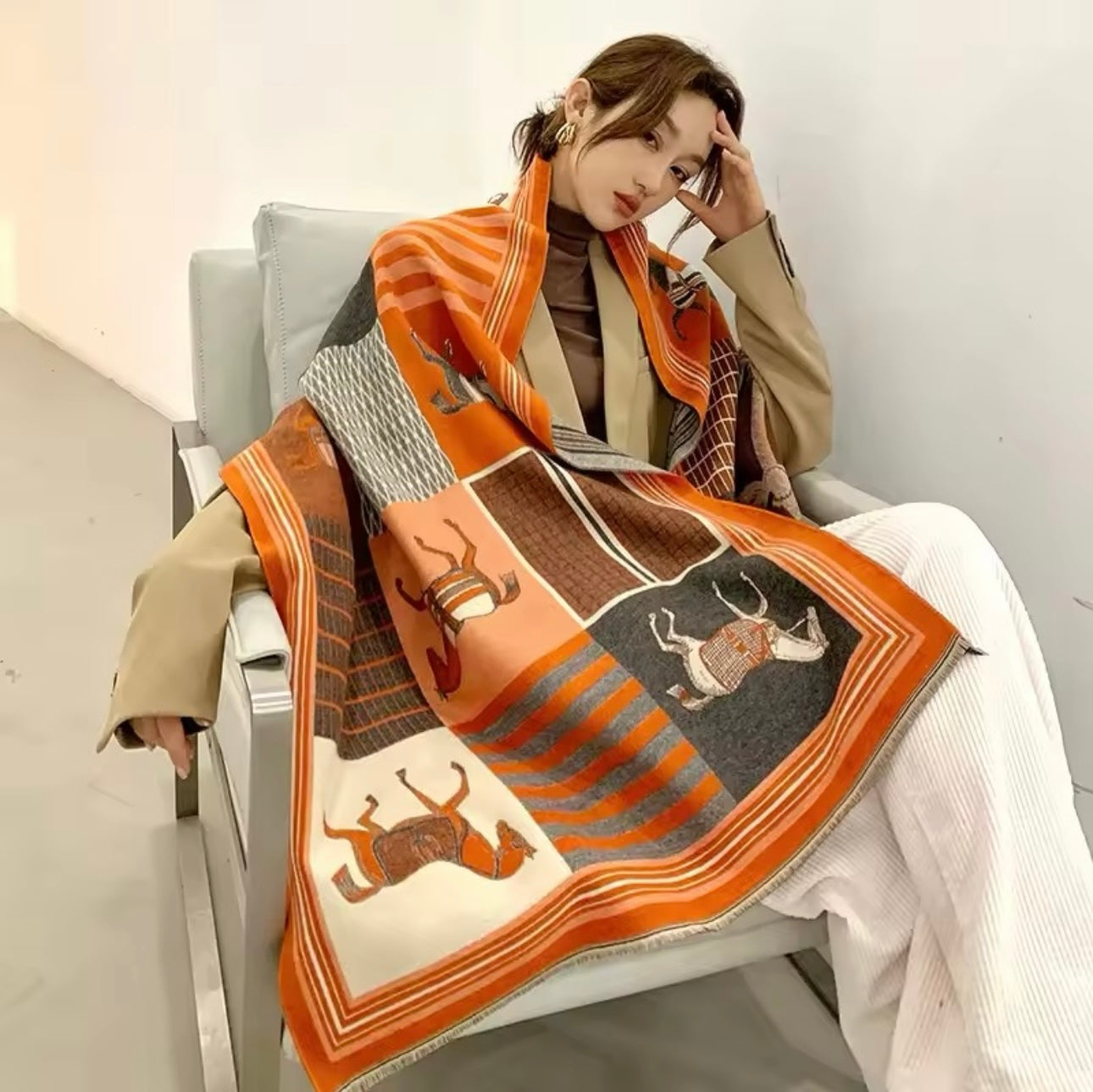 New Luxury Women Limited Edition Horse Design Cashmere Touch Scarf - Warm Fringe Pashmina Shawl Bufanda UK