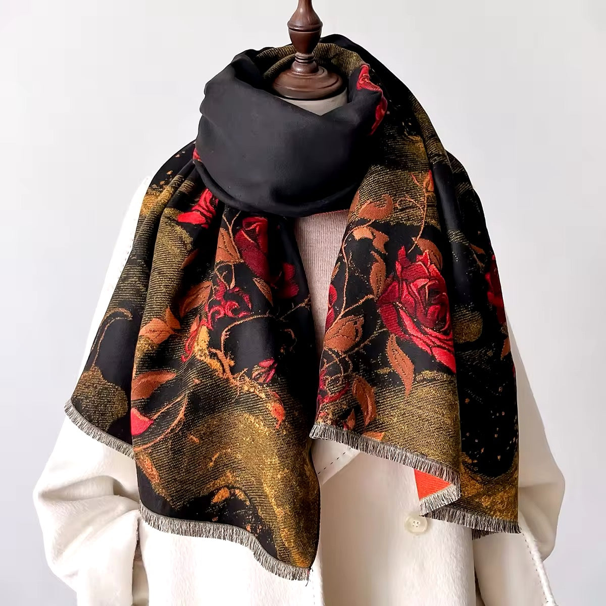 New Luxury Women Floral Double Sided Cashmere Touch Scarf - Warm Fringe Pashmina Shawl Bufanda UK