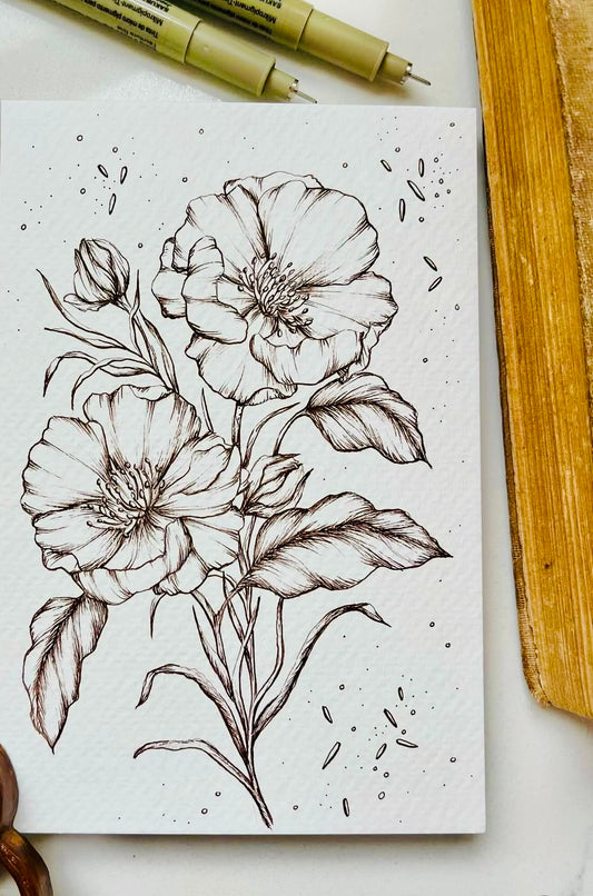 Original Floral Drawing New Blooming Flower Pen Sketch on A4 or A3 Cartridge 130 gsm Paper (NO FRAME) - Limited Edition