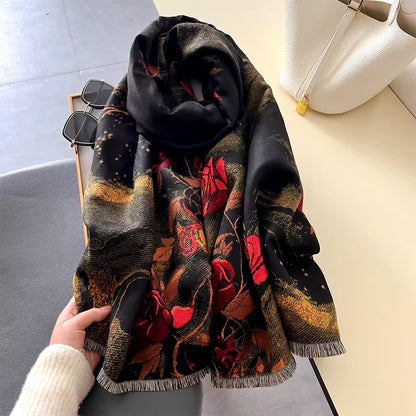 New Luxury Women Floral Double Sided Cashmere Touch Scarf - Warm Fringe Pashmina Shawl Bufanda UK