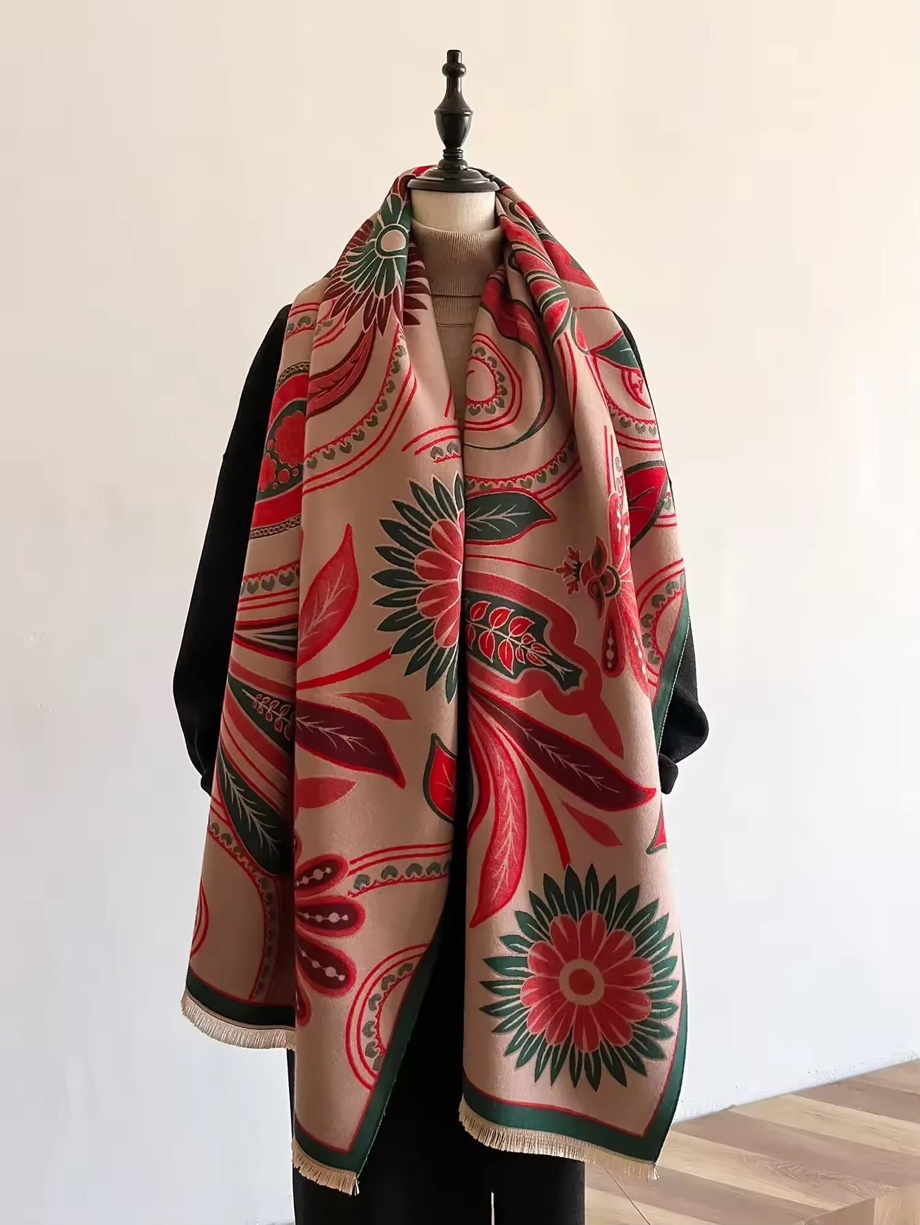 New Luxury Women Floral Cashmere Touch Flower Scarf - Warm Fringe Pashmina Shawl Bufanda UK