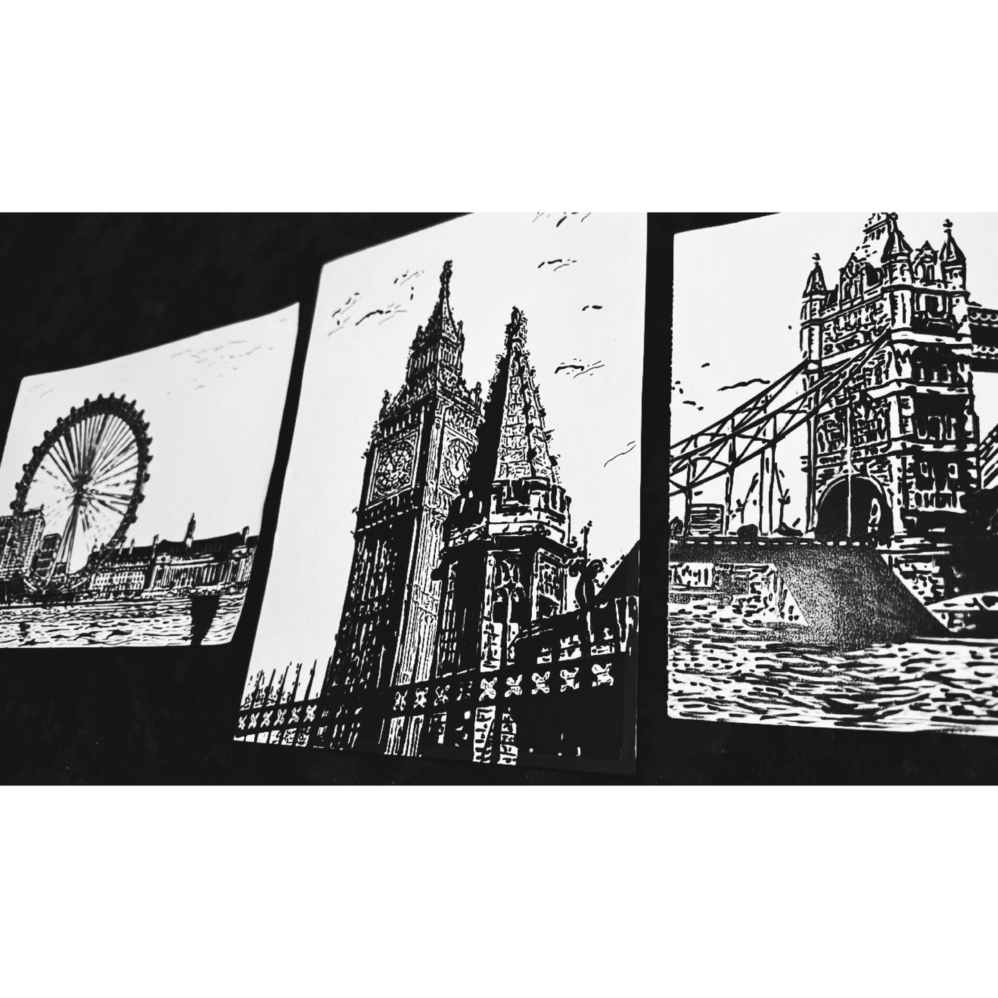 Original New Hand-Drawn London Eye, Big Ben, Tower Bridge Sketch on A4 or A3 Cartridge 130 gsm Paper (NO FRAME) - Limited Edition