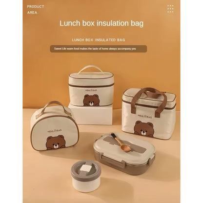 Lunch Bags Leather Bear Kids Large Capacity Bento Pouch for Children Thermal Insulated Cooler With Tableware Cup Tote Picnic Box Kids Accessories