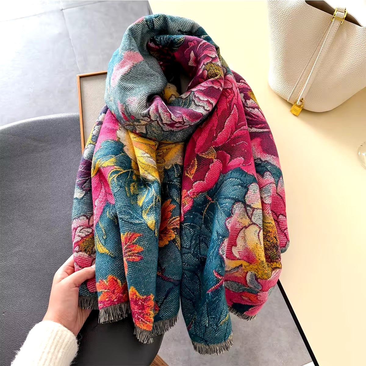 New Luxury Women Floral Double Sided Cashmere Touch Scarf - Warm Fringe Pashmina Shawl Bufanda UK