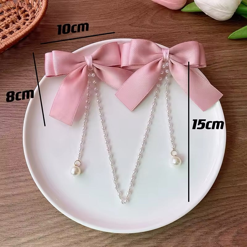 Sweet Princess Style Pink Pearls Chain Bow Hair Clip Women Children's Cute Back Head Hairpins Hair Clips Girls Hair Kids Accessories