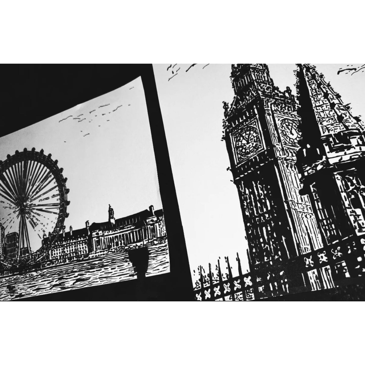 Original New Hand-Drawn London Eye, Big Ben Sketch on A4 or A3 Cartridge 130 gsm Paper (NO FRAME) - Limited Edition