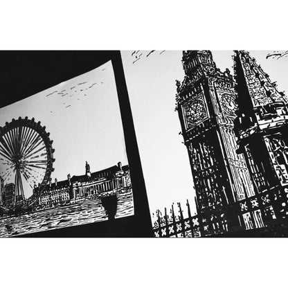 Original New Hand-Drawn London Eye, Big Ben Sketch on A4 or A3 Cartridge 130 gsm Paper (NO FRAME) - Limited Edition