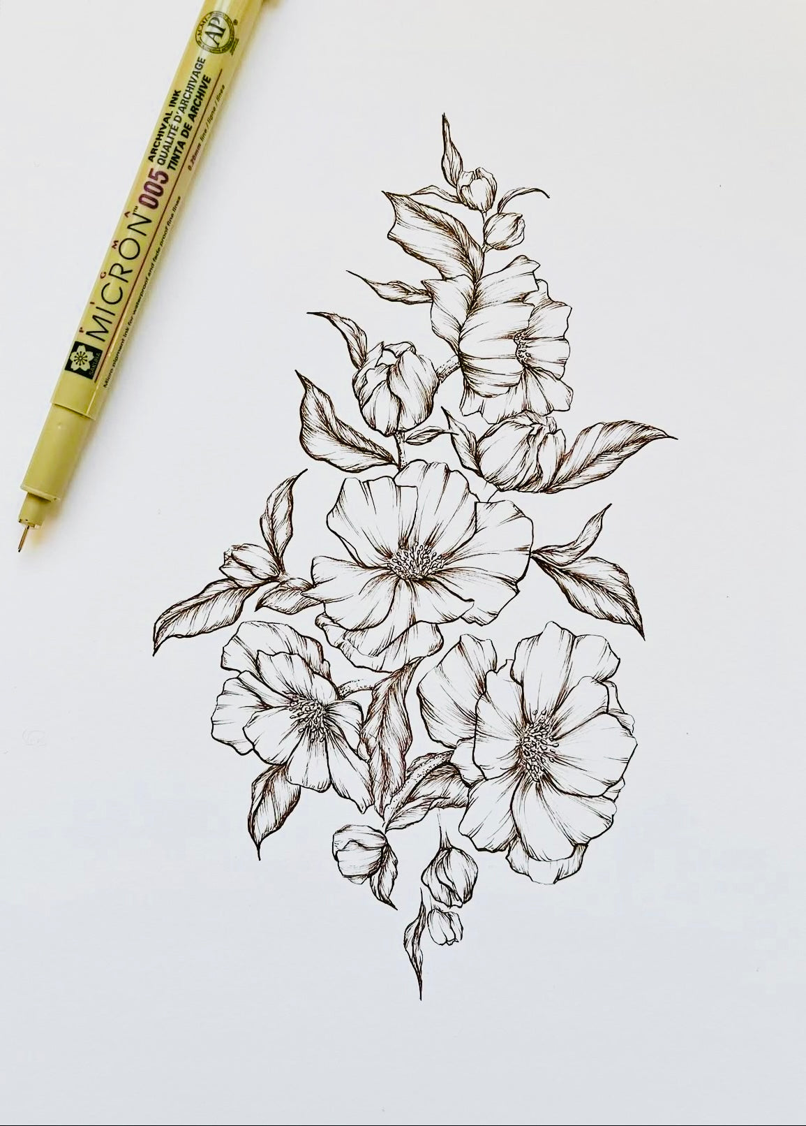 Original Floral Drawing New Blooming Flower Pen Sketch on A4 or A3 Cartridge 130 gsm Paper (NO FRAME) - Limited Edition