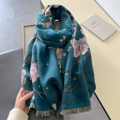 New Luxury Women Floral Double Sided Cashmere Touch Scarf - Warm Fringe Pashmina Shawl Bufanda UK