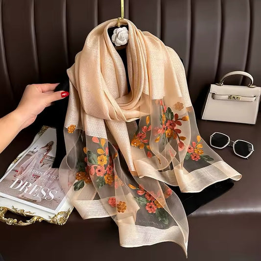 New Women Embroidered Nail Bead Simulation Silk Scarf Elegant and Versatile for Women Embroidered Begonia Flower Long Summer Sunscreen Scarves Echarpe Shawl Large Wrap UK