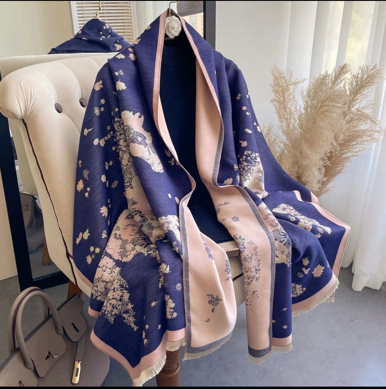 New Luxury Women Floral Cashmere Touch Flower Scarf - Warm Fringe Pashmina Shawl Bufanda Women Limited Edition UK