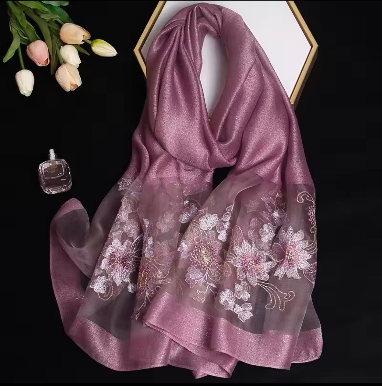 New Women Silk Satin Scarf Luxury Hijab Women Soft Embroidered Scarves Echarpe Shawl Large Wrap UK