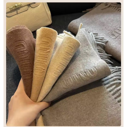 Fashion Design Blend Wool Scarf Women Embossed Simple Warm Muffler Female New Type Imitation Cashmere Thick Fringed Shawl Ladies Women Woollen