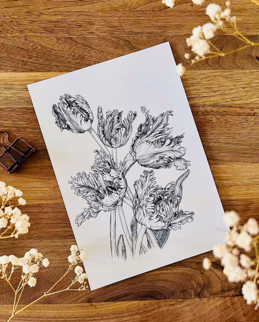 Original Floral Drawing New Blooming Flower Pen Sketch on A4 or A3 Cartridge 130 gsm Paper (NO FRAME) - Limited Edition