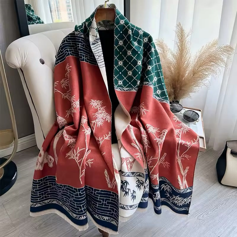 New Luxury Women Floral Cashmere Touch Landscape Scarf - Warm Fringe Pashmina Shawl Bufanda UK