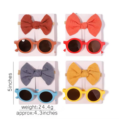 New 2Pcs/Pack Vintage Kids Bows Headband Round Sunglasses Children Sun Glasses Protection Glasses Baby Hair Kids Accessories UK