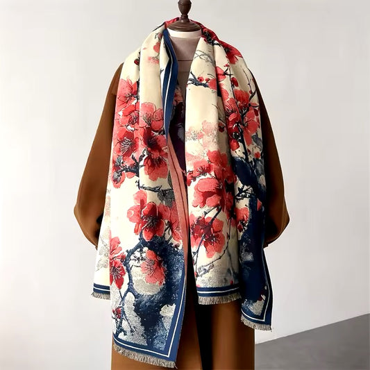 New Luxury Women Floral Double Sided Cashmere Touch Scarf - Warm Fringe Pashmina Shawl Bufanda UK