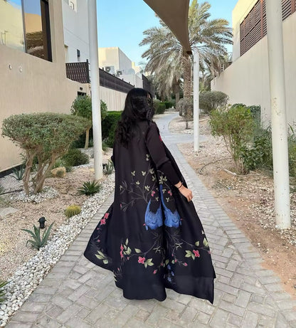 New Women Abaya Vintage Printed Design Lapel Long Sleeved Loose Big Collar Tied Arabian Luxury Burqa  UK