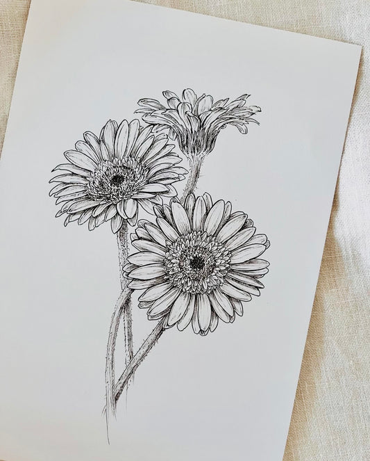 Original Floral Drawing New Blooming Flower Pen Sketch on A4 or A3 Cartridge 130 gsm Paper (NO FRAME) - Limited Edition