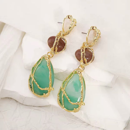 Women Fashion Handmade Weave Metal String Bag Green Natural Stone Dangle Earrings White Resin Waterdrop Earring Gothic Jewellery Accessory