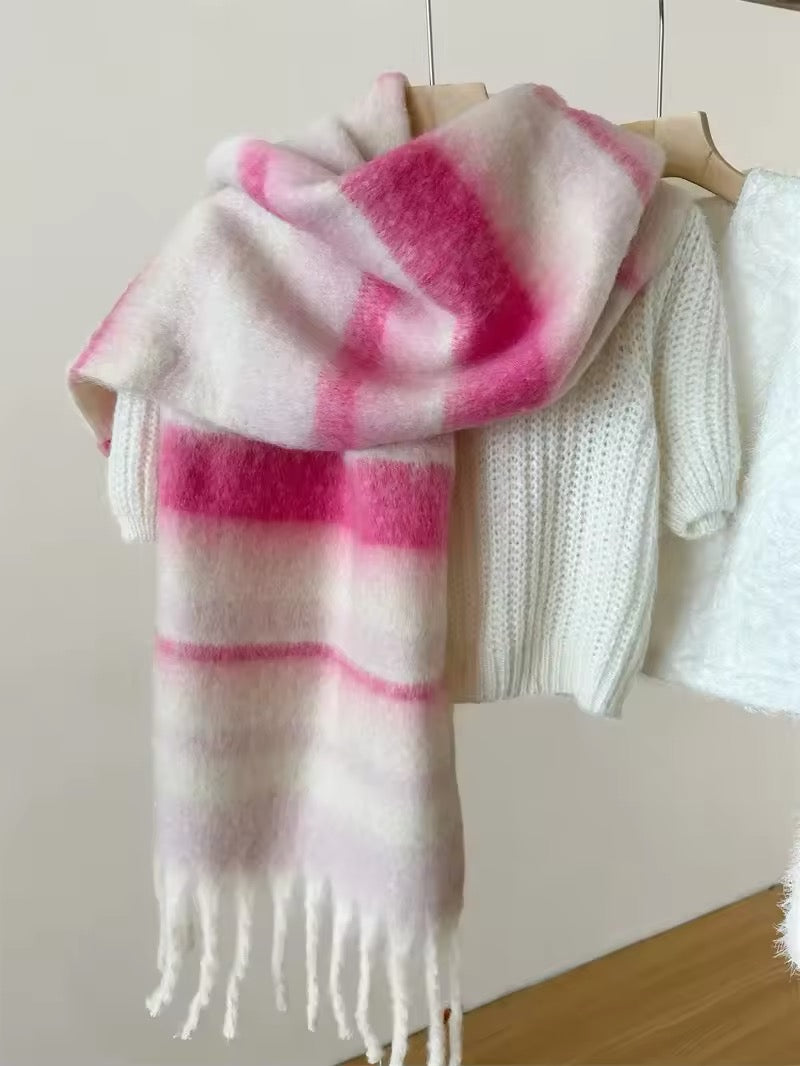 Women's Scarf Winter High-End Autumn Winter New Fashion Versatile Mohair Scarf Thickened Striped Meridian Shawl Women Woollen