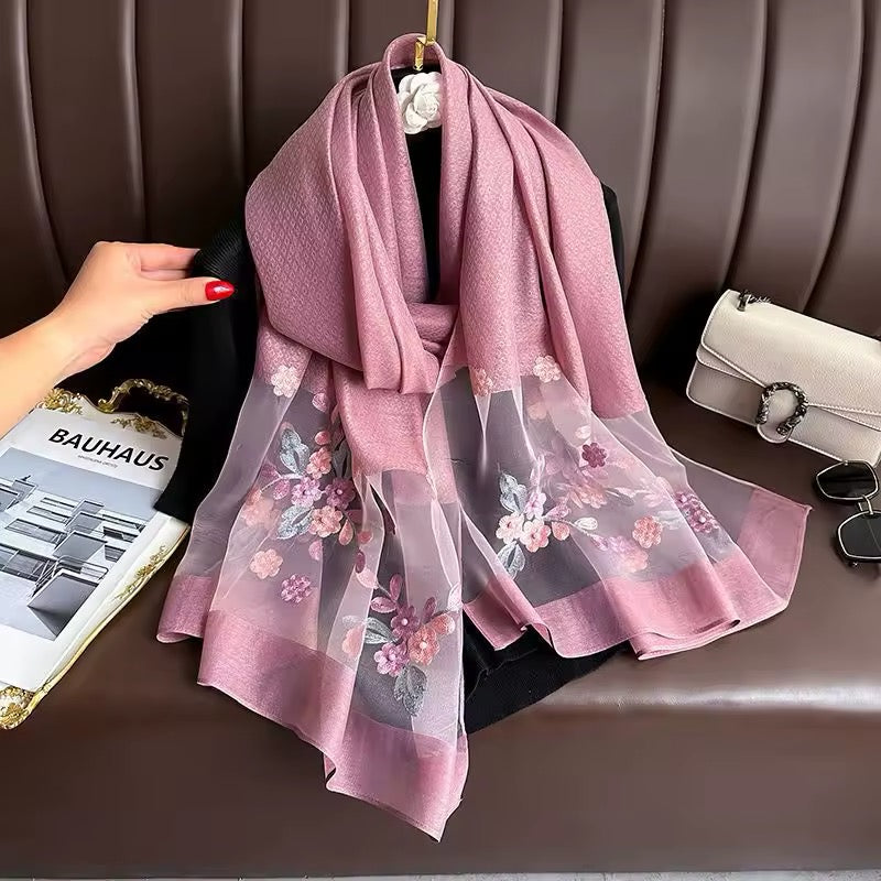 New Women Embroidered Nail Bead Simulation Silk Scarf Elegant and Versatile for Women Embroidered Begonia Flower Long Summer Sunscreen Scarves Echarpe Shawl Large Wrap UK