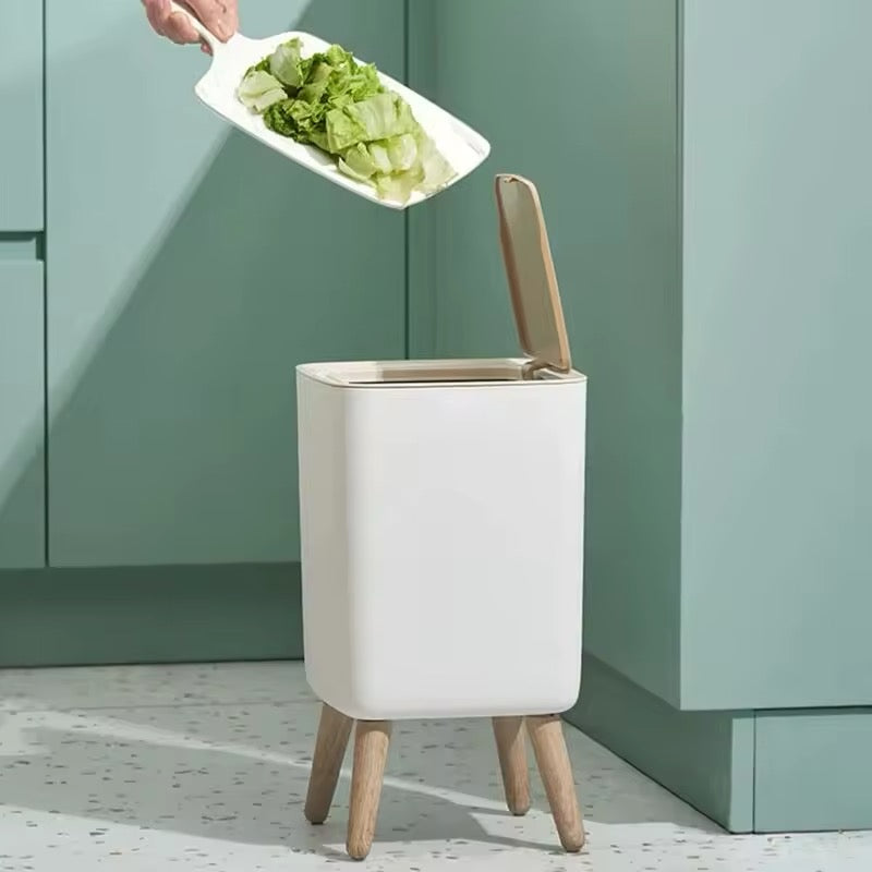 Trash Can with Lid Press Dustbin for Living Room Toilet Bathroom Kitchen Garbage Bucket High Foot Imitation Wood Rubbish Can Home Refined Restroom